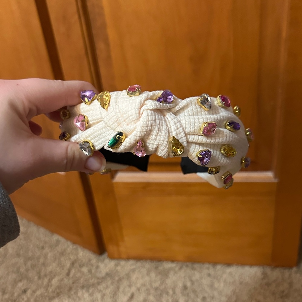 Embellished Knotted Cream Headband with Multicolor Gem Accents - Picture 4 of 7